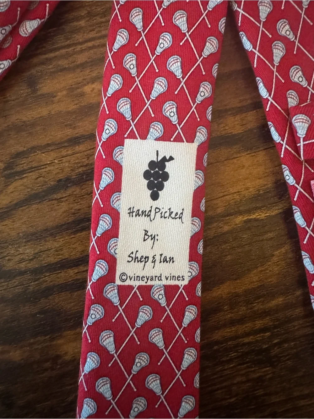 Vineyard Vines red, silk Tie with Lacrosse Motif